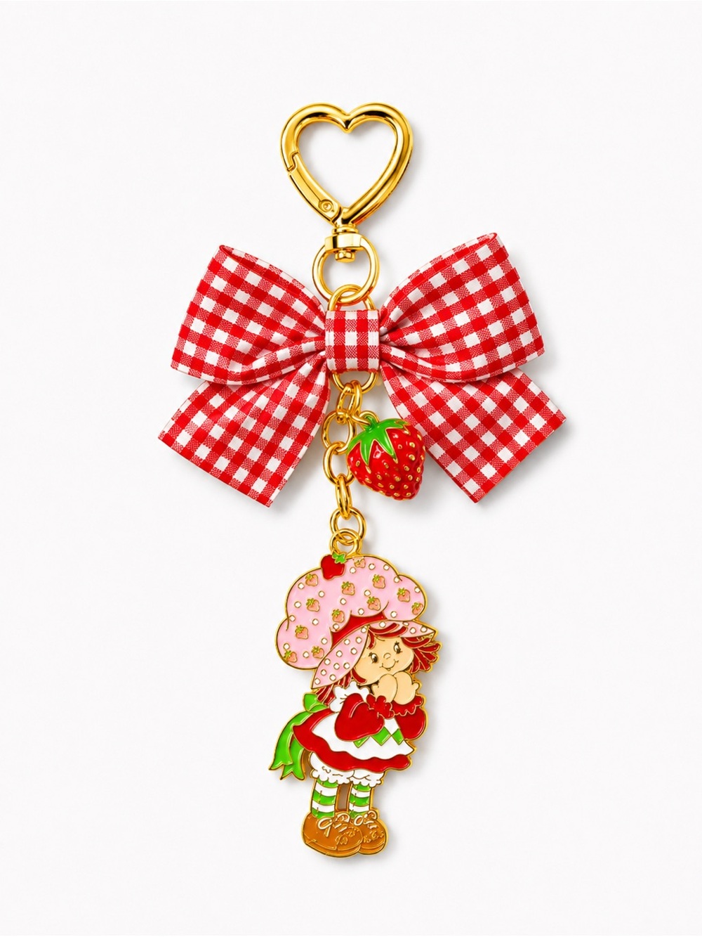 Strawberry Shortcake Bow Bag Charm Keychain – Red & Gold 🍓🔑